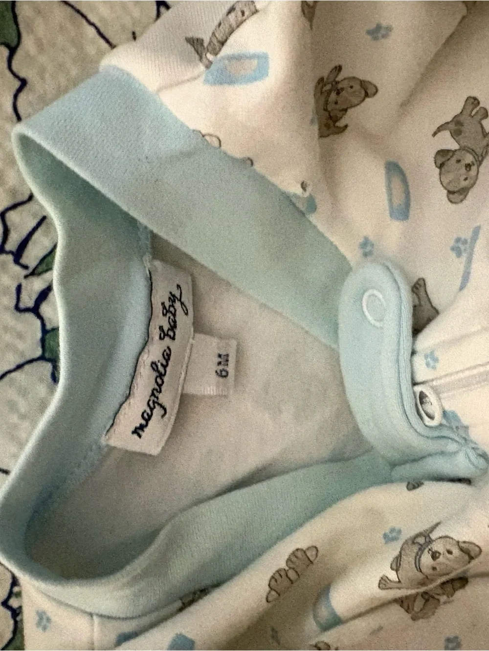 Magnolia Baby White Sleep Zip Romper with Light Blue Trim puppy 6 months